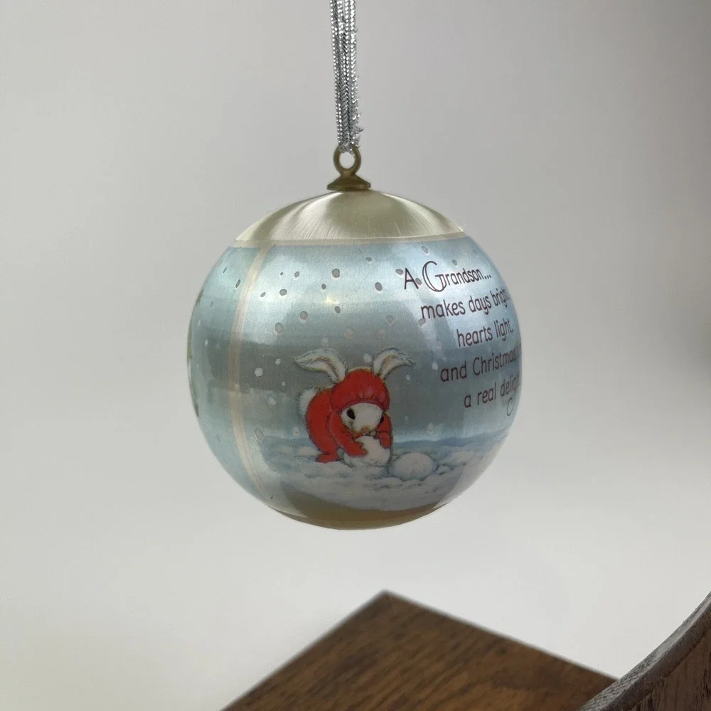 Vintage 1982 Hallmark Grandson Satin Ball‎ Christmas Ornament Bunnies Sled Snow